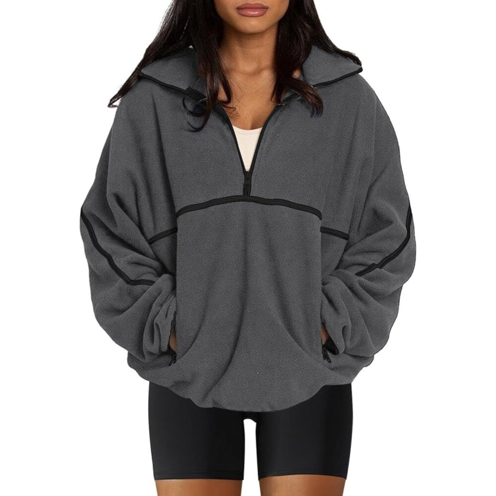 Women's Grey Half Zip Pullover Sweatshirt Sherpa Fleece Jacket Oversized